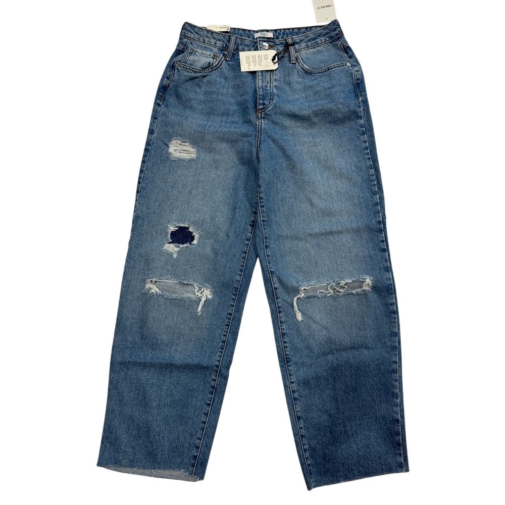 Forever 21 Boyfriend Jeans Womens 28 Blue Distressed Mid Rise Slim Leg Raw Hem